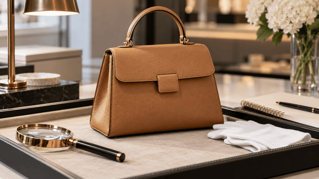 Sac à main en cuir grainé camel à poignée unique posé sur un plateau d'expertise, à côté d'une loupe, de gants blancs et d'un carnet : contrôler un sac de luxe d'occasion avant de l'acheter