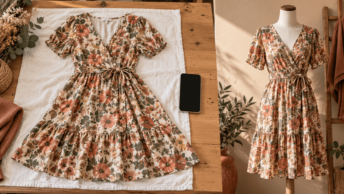 Robe portefeuille à fleurs posée à plat sur un linge blanc, à côté d'un smartphone, et la même robe présentée sur un buste de couture : passer de la photo à plat d'un vêtement à une photo portée pour une annonce