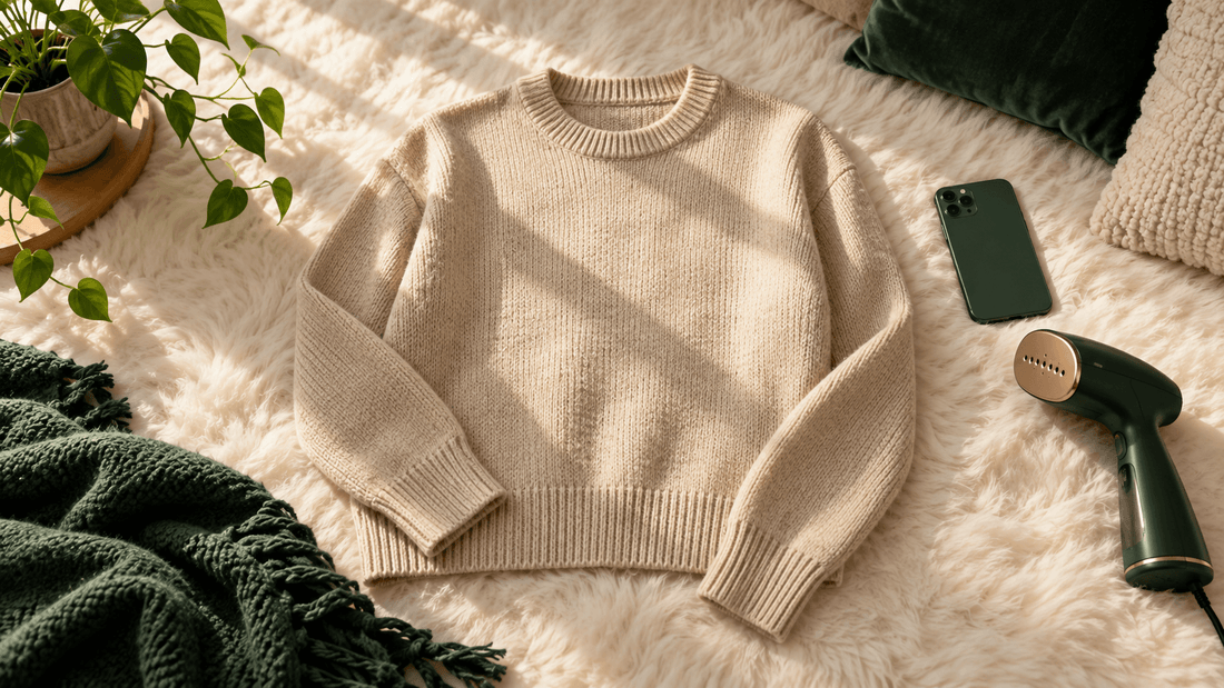 Pull en maille beige posé à plat sur un tapis à poils longs crème, à côté d'un smartphone, d'un défroisseur vapeur, d'une plante et d'un plaid vert : un vêtement prêt à être photographié pour une annonce