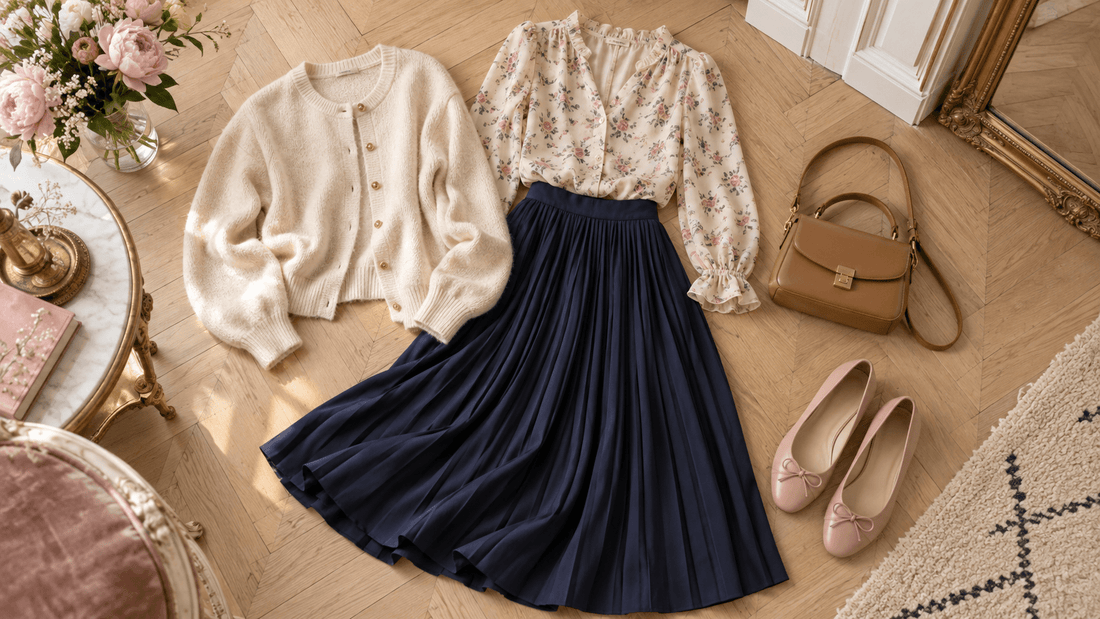 Pièces féminines de seconde main à plat : cardigan, blouse fleurie, jupe plissée et sac en cuir