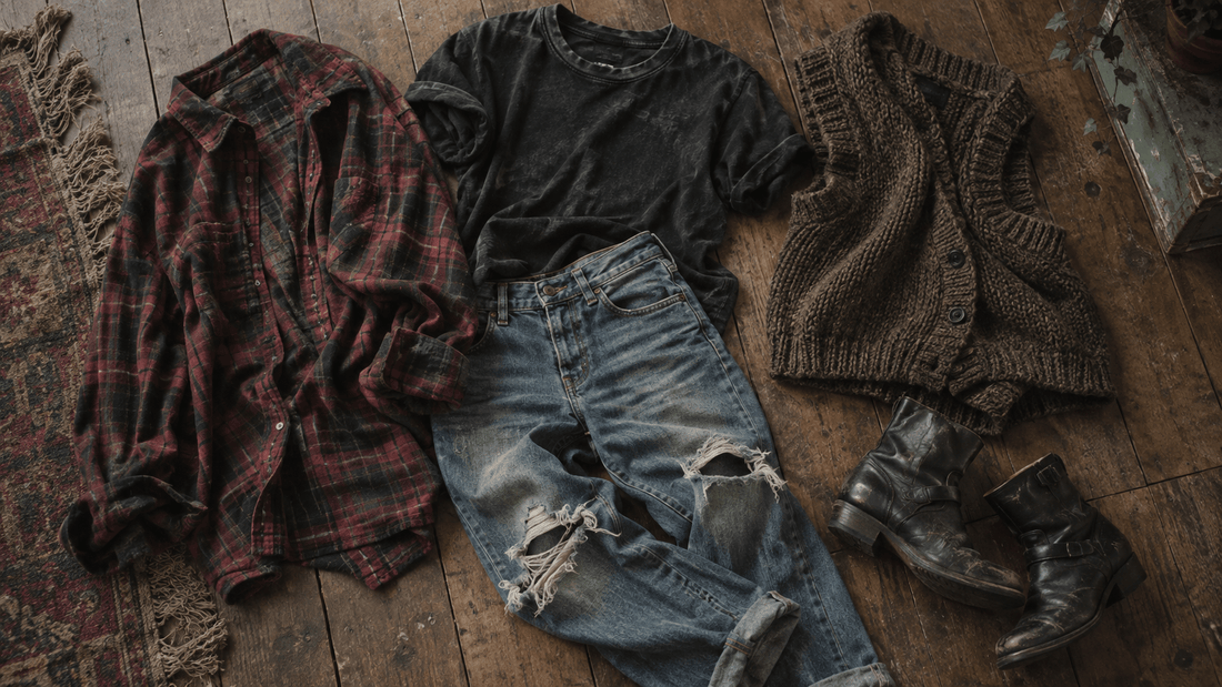 Pièces grunge de seconde main à plat : chemise en flanelle, jean déchiré, gilet en maille et bottines