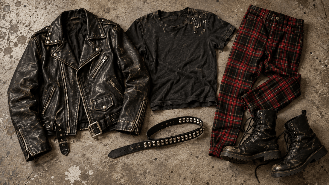 Pièces punk de seconde main à plat : perfecto clouté, pantalon tartan, t-shirt à épingles et rangers