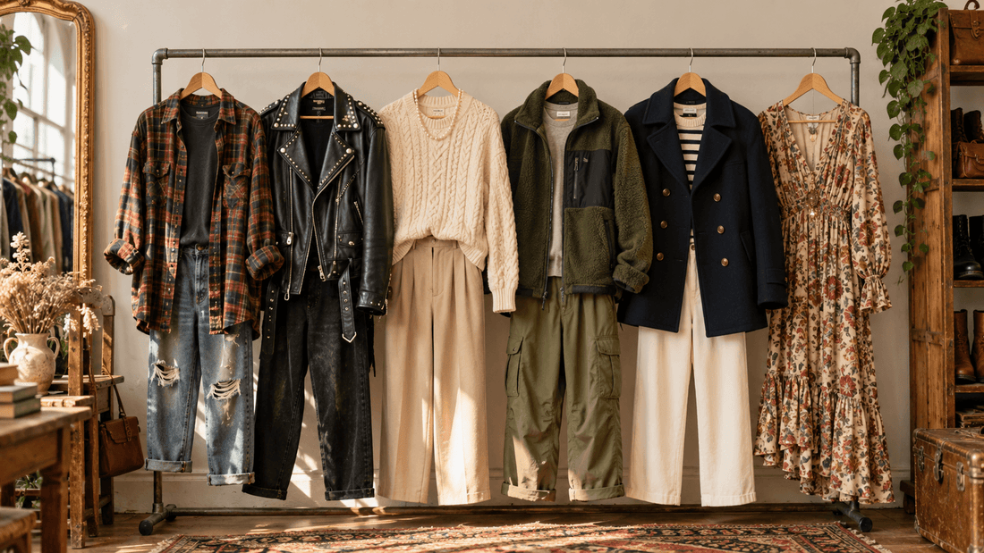 Portant de friperie avec des tenues de seconde main de styles différents : grunge, punk, old money, gorpcore, marin et bohème
