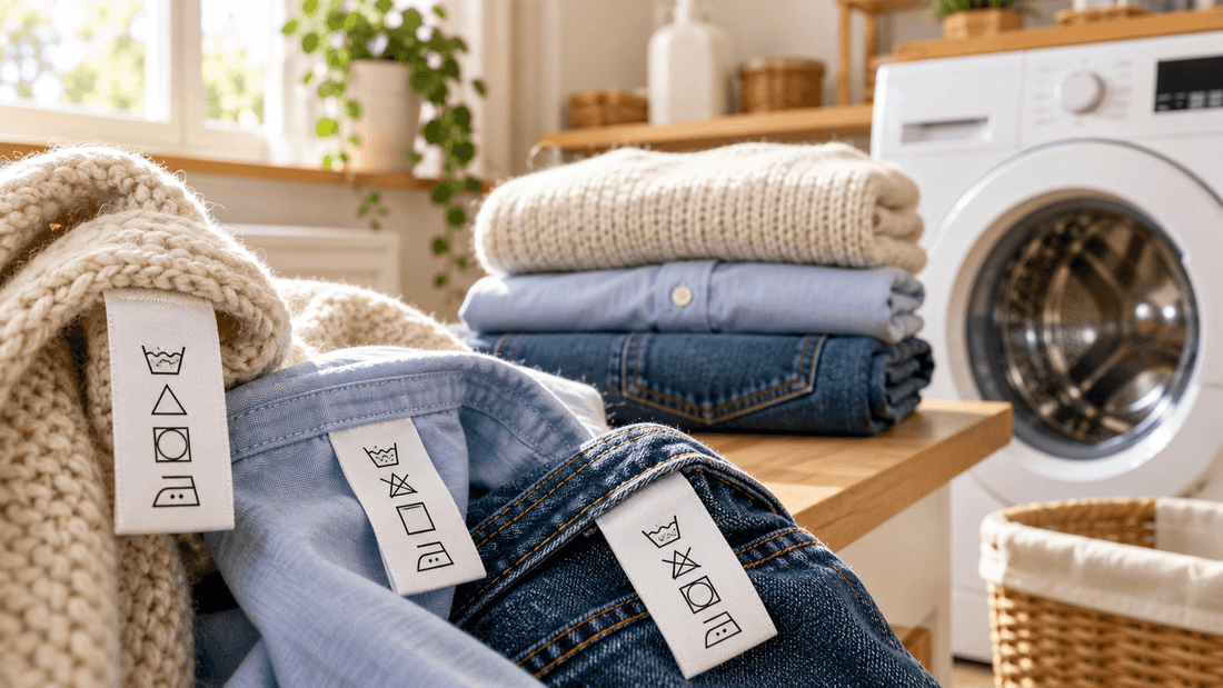 Vêtements pliés dans une buanderie avec étiquettes d'entretien portant des symboles de lavage