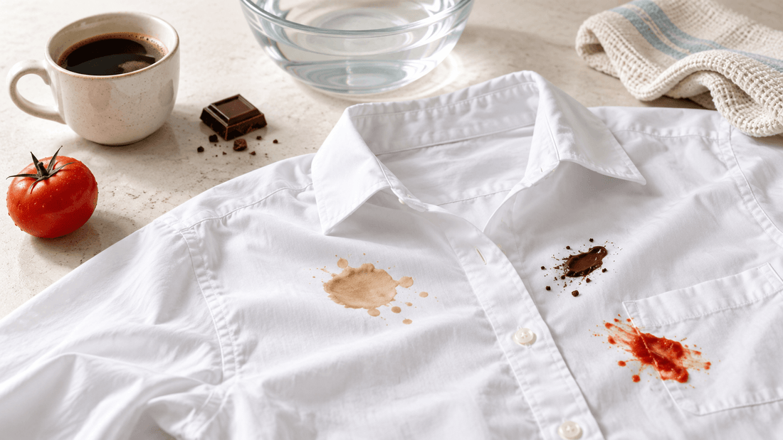 Chemise blanche en coton tachée de café, de chocolat et de sauce tomate, sur un plan de travail clair avec une tasse de café, un carré de chocolat, une tomate, un bol d'eau et un torchon : enlever ces taches sur un vêtement