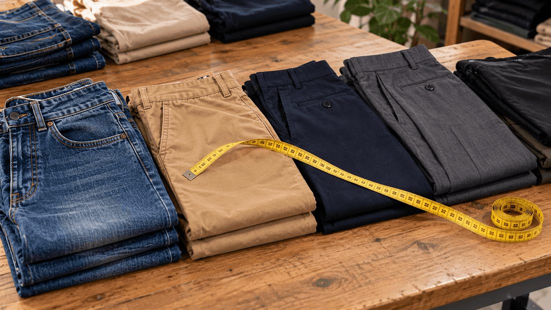 Pantalons homme pliés côte à côte sur une table en bois, jeans bleus, chino beige, pantalon marine et pantalon gris à pinces, avec un mètre ruban jaune déroulé : trouver sa taille de pantalon homme