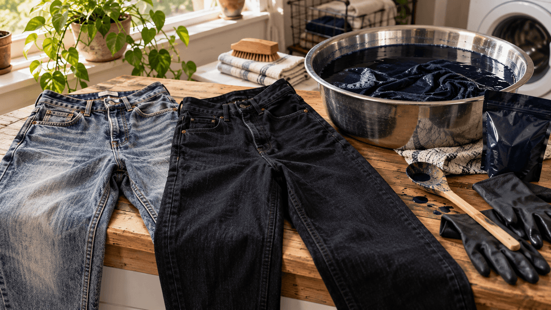 Jean délavé à côté d'un jean teint en noir, avec bassine de teinture et gants