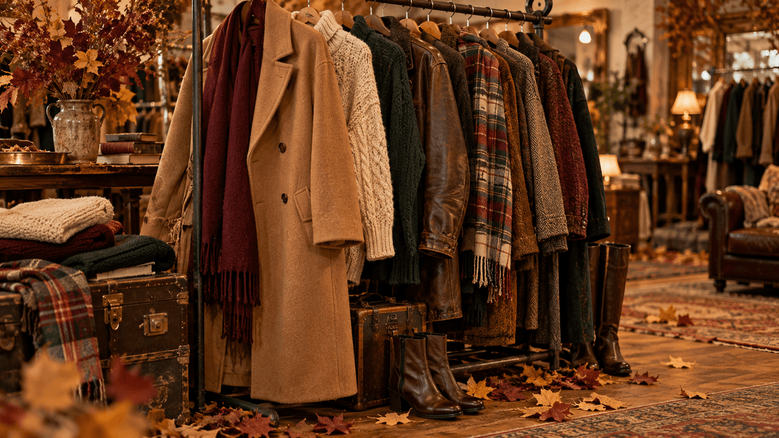 Portant de friperie avec des pièces d'automne-hiver de seconde main : manteau camel, pull épais, veste en cuir et bottes