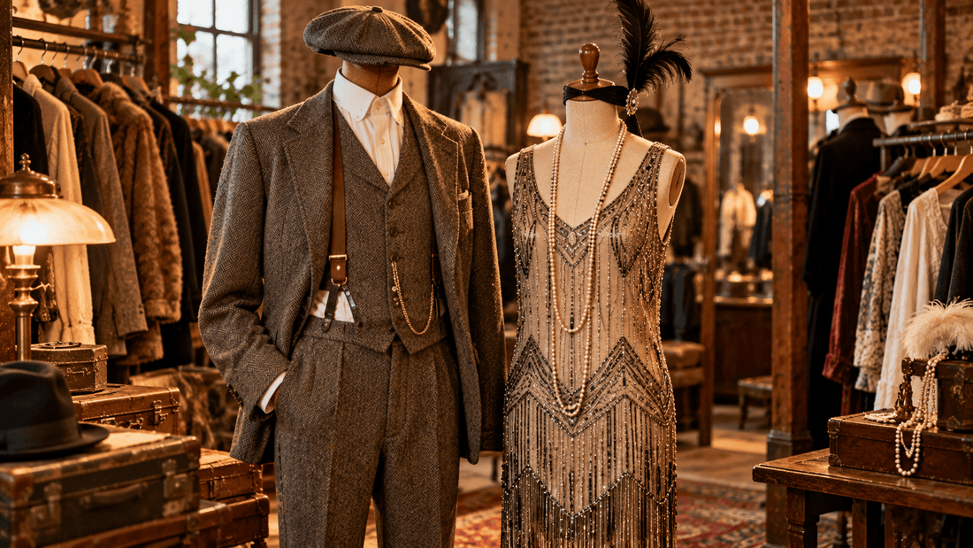 Mannequins en tenue années 20 dans une friperie, costume en tweed et robe charleston à franges