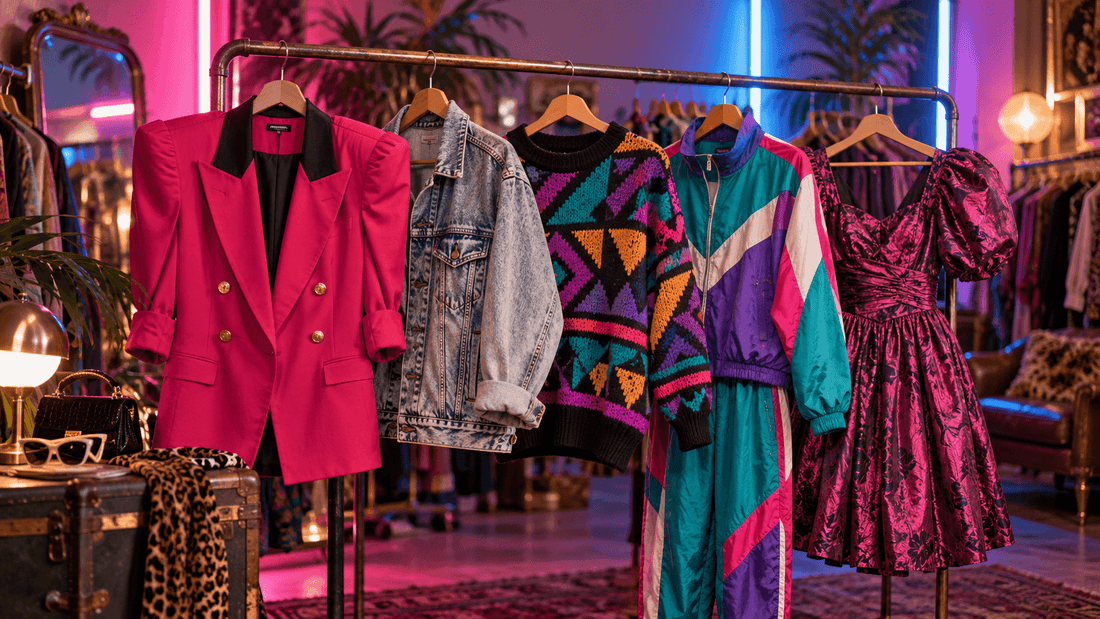 Portant de friperie avec des pièces authentiques des années 80 : veste à épaulettes, blouson en jean délavé et survêtement coloré