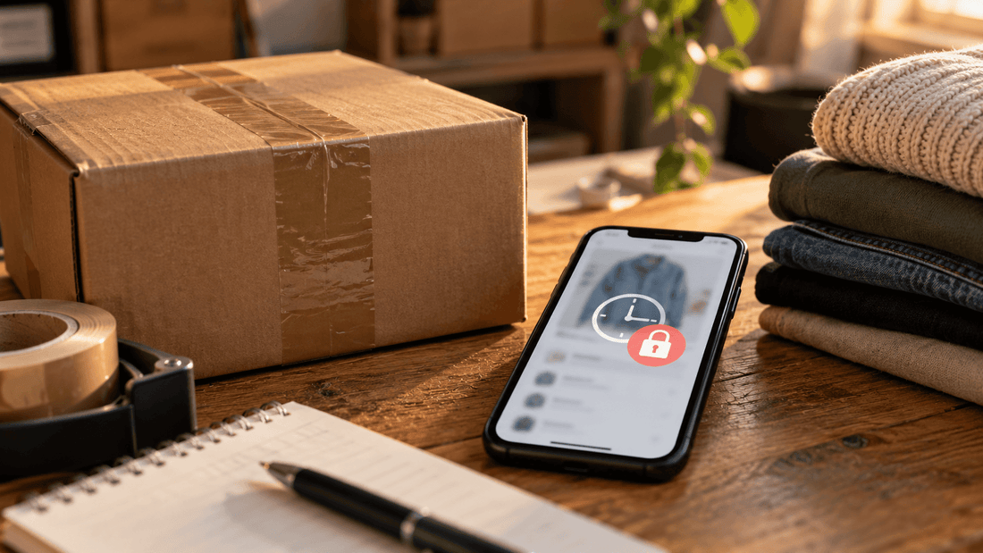 Smartphone affichant une commande en pause avec un cadenas rouge, à côté d'un colis