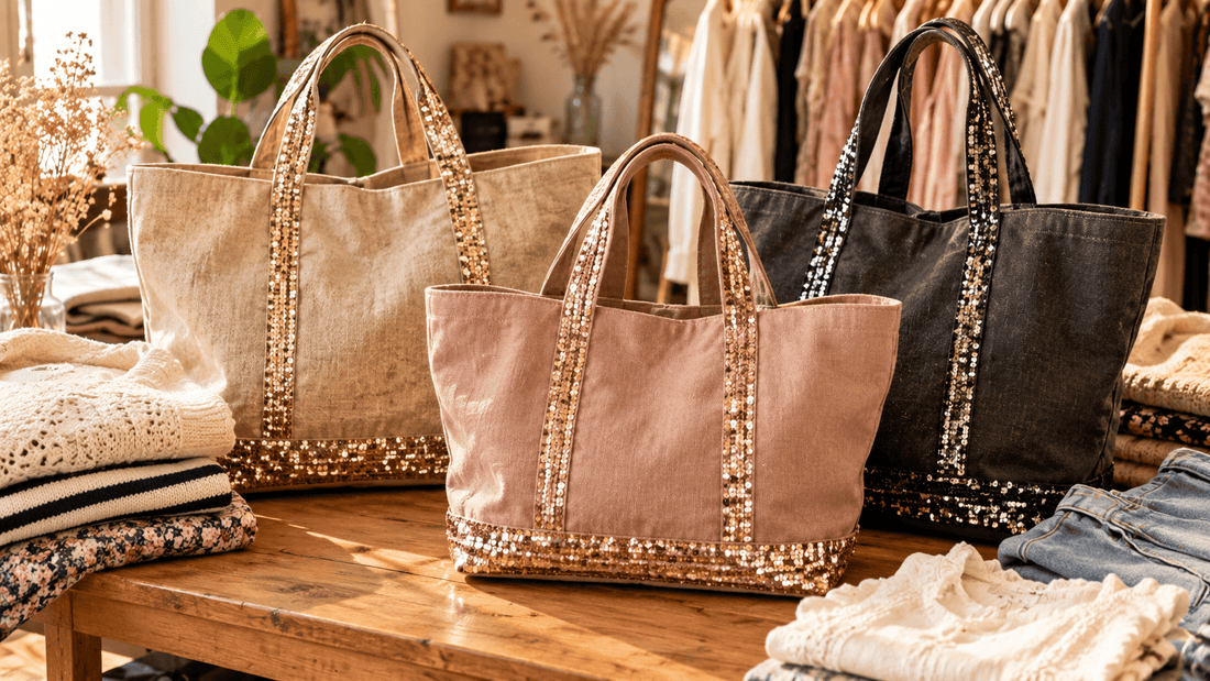 Trois sacs cabas en toile beige, rose poudré et anthracite, aux anses et au bas rehaussés de bandes de sequins, posés sur une table en bois de friperie : des cabas à paillettes d'occasion