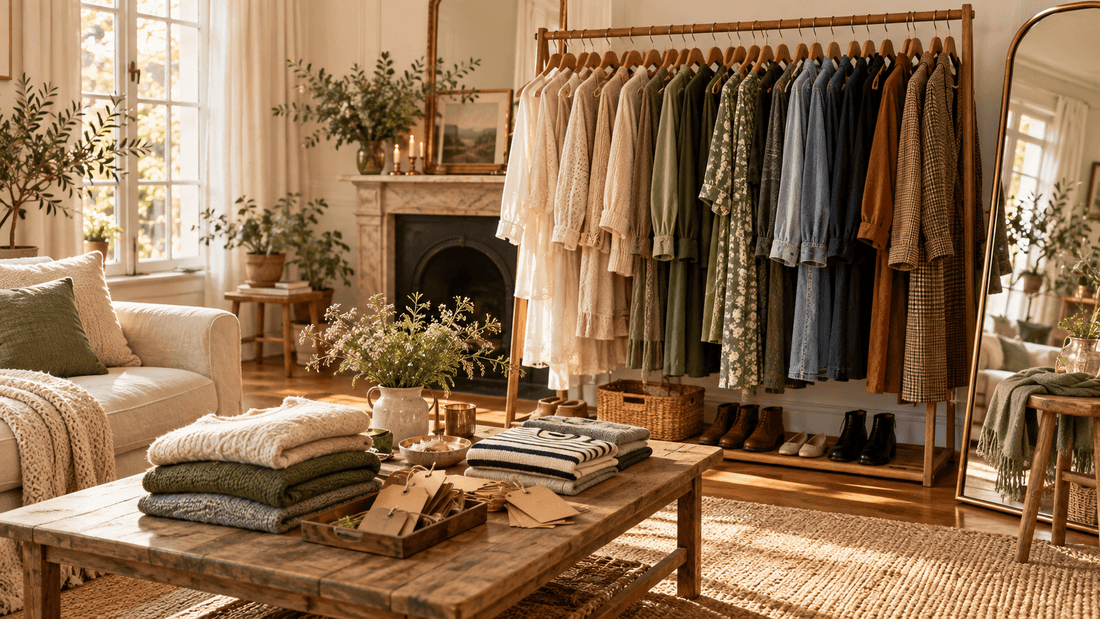 Salon aménagé pour une vente de vêtements de seconde main à domicile, avec portant et étiquettes de prix