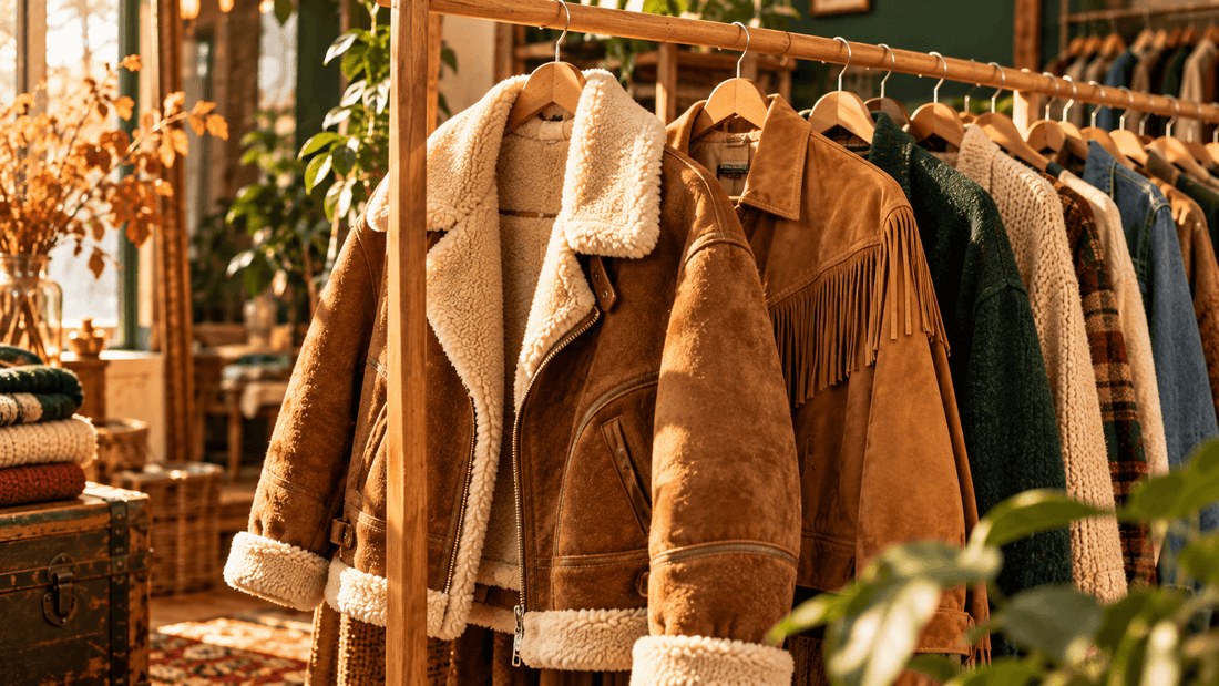 Vestes en mouton retourné et en daim à franges sur un portant de friperie, ambiance d'automne