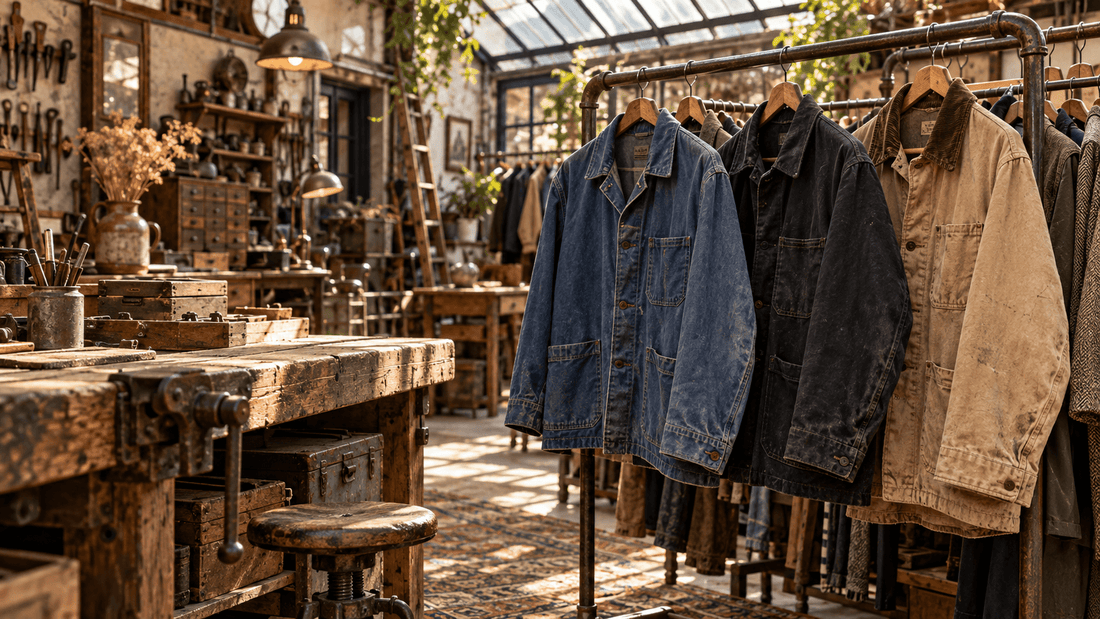 Vestes de travail vintage sur un portant d'atelier, bleu de travail, moleskine et chore jacket