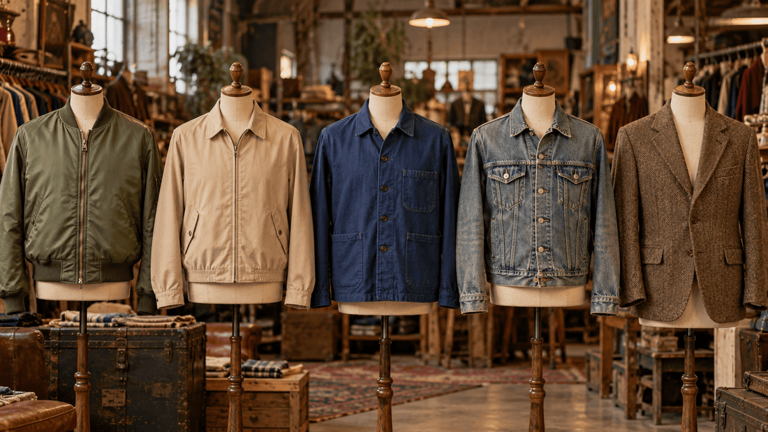 Cinq vestes vintage homme sur bustes, bomber, harrington, veste de travail, trucker et blazer en tweed