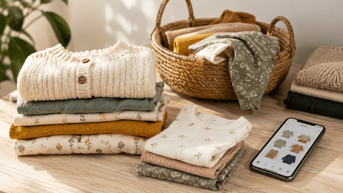 Vêtements enfant de seconde main pliés avec smartphone, Friptadium