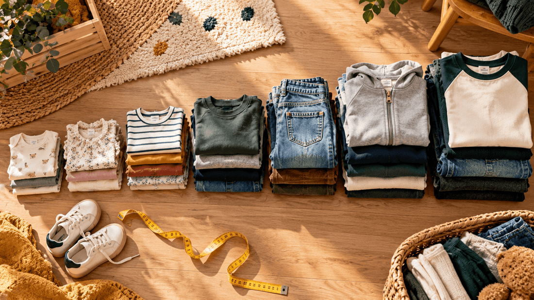 Vêtements enfant de seconde main pliés et alignés par taille, avec petites baskets et mètre ruban