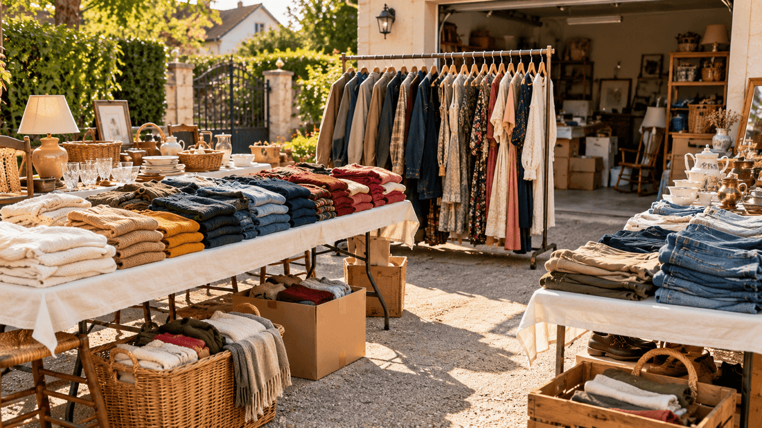 Vide-maison devant un garage avec tables de vêtements pliés, portant de vêtements et cartons