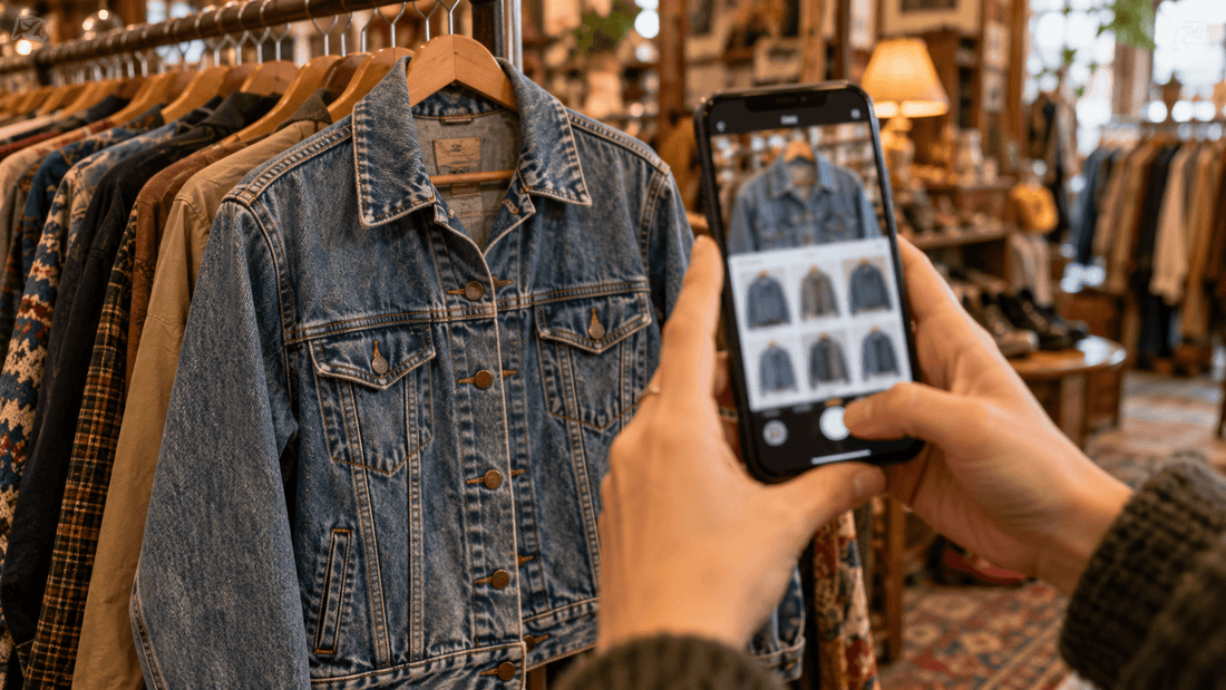 Mains photographiant une veste en jean dans une friperie pour lancer une recherche par photo