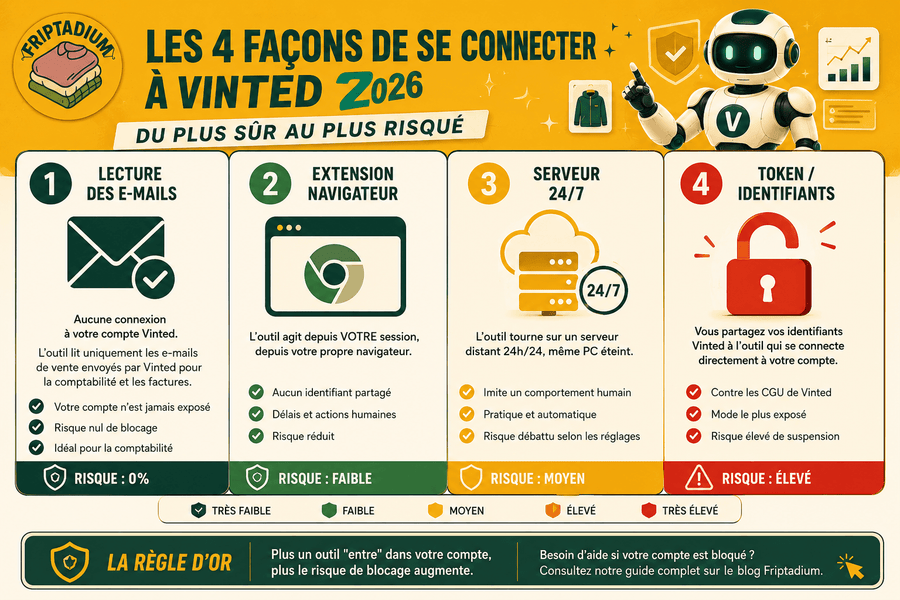 Comparatif des différents modes de connexion utilisés par les outils d'automatisation Vinted