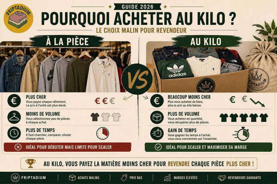 Pourquoi acheter au kilo plutôt qu'à la pièce : à la pièce c'est plus cher, moins de volume et plus de temps ; au kilo c'est beaucoup moins cher, plus de volume et un gain de temps pour revendre avec plus de marge