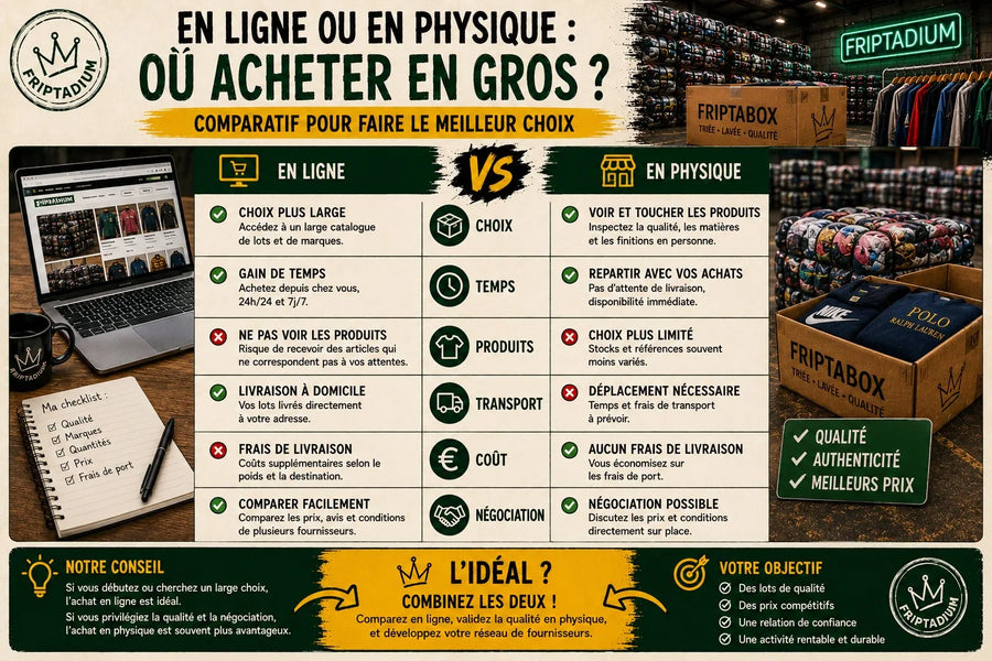 Comparatif pour acheter des vêtements en gros en ligne ou en physique : choix, temps, transport, coût et négociation, avantages et inconvénients de chaque option