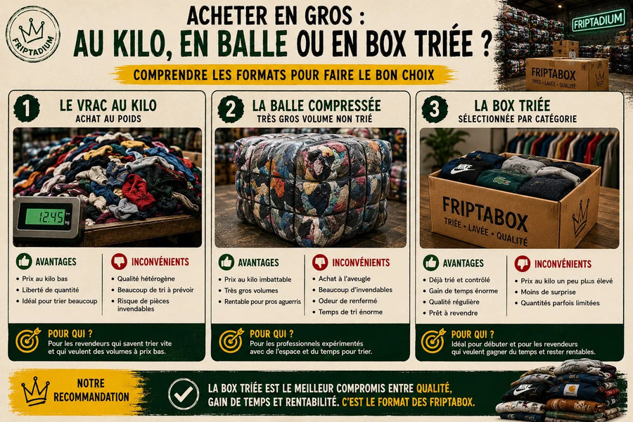 Comparatif des formats d'achat en gros de vêtements de seconde main : vrac au kilo, balle compressée ou box triée, avantages et inconvénients de chacun