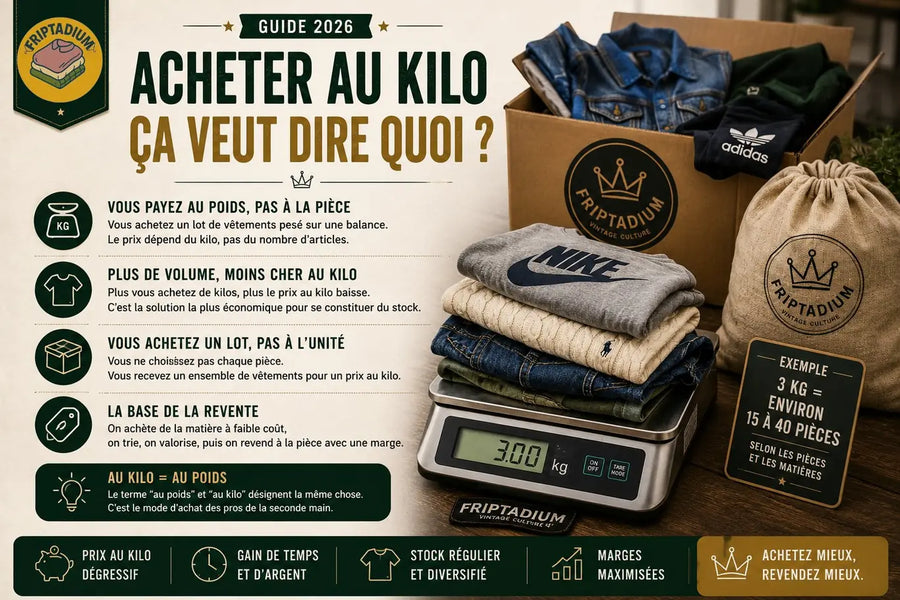 Acheter des vêtements au kilo, ça veut dire quoi : on paie au poids et non à la pièce, plus de volume fait baisser le prix au kilo, exemple 3 kg équivaut à environ 15 à 40 pièces selon les vêtements