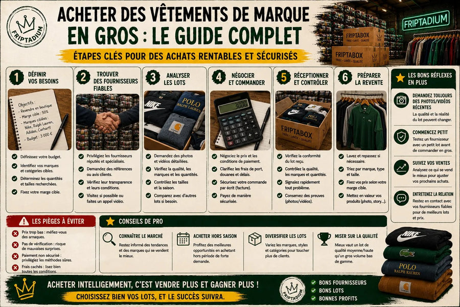 Guide complet pour acheter des vêtements de marque en gros : définir ses besoins, trouver des fournisseurs fiables, analyser les lots, négocier, contrôler et préparer la revente