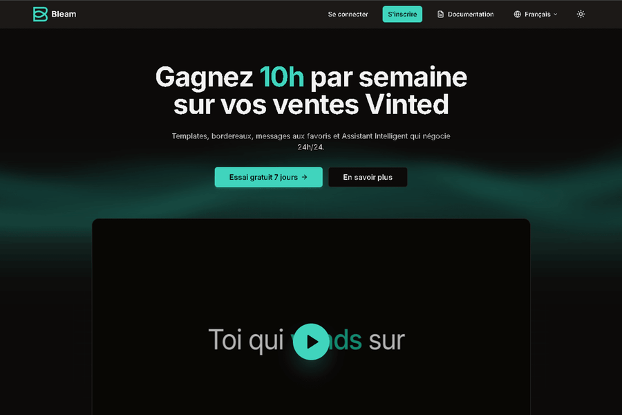 Page d'accueil de Bleam, extension IA pour Vinted