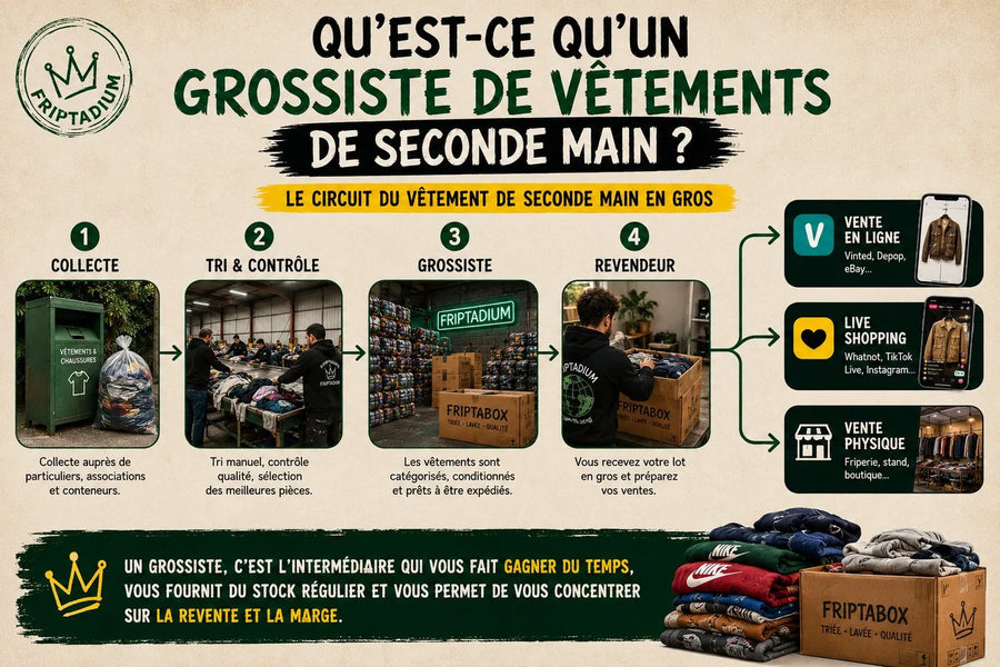Infographie : le circuit du vêtement de seconde main en gros, de la collecte au tri puis au grossiste Friptadium, jusqu'à la revente par le revendeur (Vinted, live, friperie)
