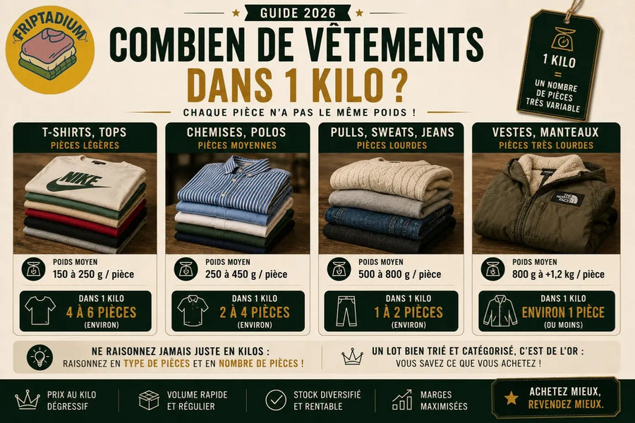 Combien de vêtements dans un kilo : t-shirts et tops 150 à 250 g (4 à 6 pièces), chemises et polos 250 à 450 g (2 à 4 pièces), pulls, sweats et jeans 500 à 800 g (1 à 2 pièces), vestes et manteaux 800 g à plus d'un kilo (environ 1 pièce)