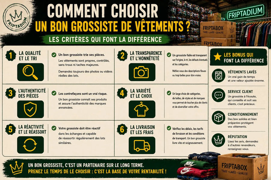 Comment choisir un bon grossiste de vêtements : les critères clés (qualité et tri, transparence, authenticité, variété, réactivité, livraison) pour bien acheter en gros
