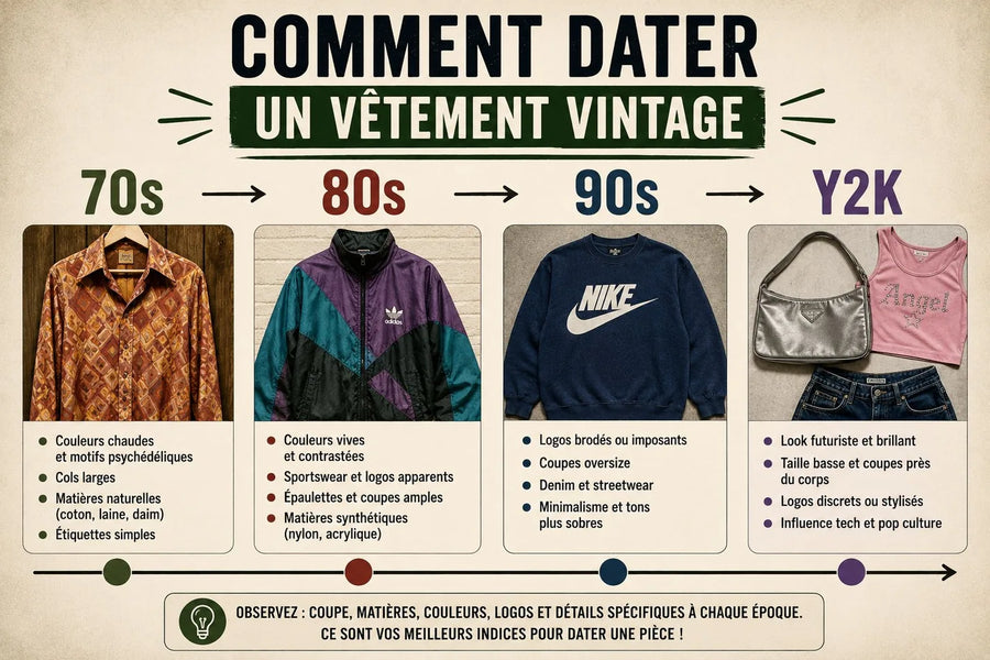 Comment dater un vêtement vintage selon l'époque : années 70 (couleurs chaudes, cols larges), 80 (sportswear, logos), 90 (logos brodés, oversize) et Y2K (look futuriste, taille basse)