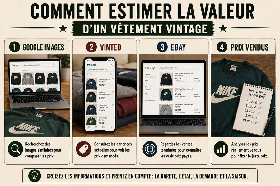Comment estimer la valeur d'un vêtement vintage en 4 étapes : rechercher des images similaires sur Google, comparer les annonces sur Vinted, consulter les ventes terminées sur eBay et analyser les prix réellement vendus