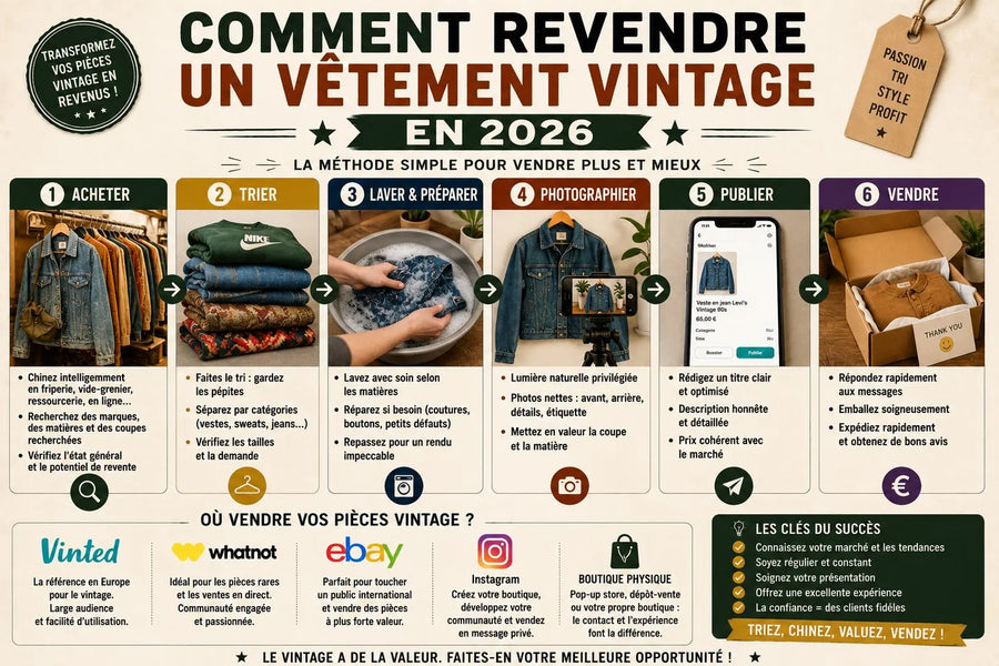 Comment revendre un vêtement vintage en 2026 en 6 étapes : acheter, trier, laver et préparer, photographier, publier et vendre, puis où le vendre (Vinted, Whatnot, eBay, Instagram ou boutique physique)