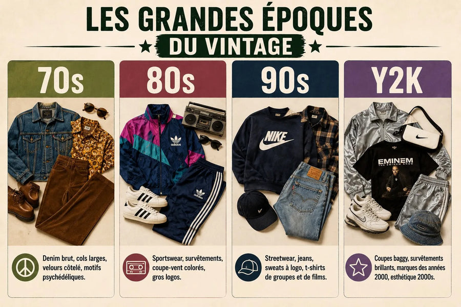 Les grandes époques du vintage : les années 70 (denim, velours, motifs), 80 (sportswear, survêtements), 90 (streetwear, jeans, t-shirts de groupes) et Y2K (coupes baggy années 2000)