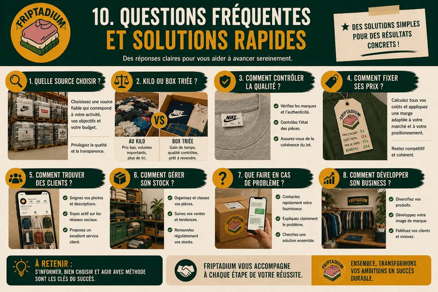 Questions fréquentes sur l'achat en gros de vêtements de marque : quelle source choisir, kilo ou box triée, comment contrôler la qualité, fixer ses prix, trouver des clients, gérer son stock, gérer un problème et développer son business