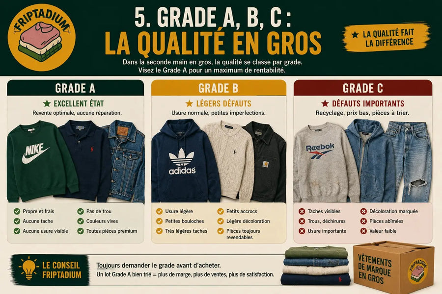 Grades A, B et C dans la seconde main en gros : Grade A excellent état pour une revente optimale, Grade B légers défauts mais pièces revendables, Grade C défauts importants pour le recyclage ; visez le Grade A pour un maximum de rentabilité