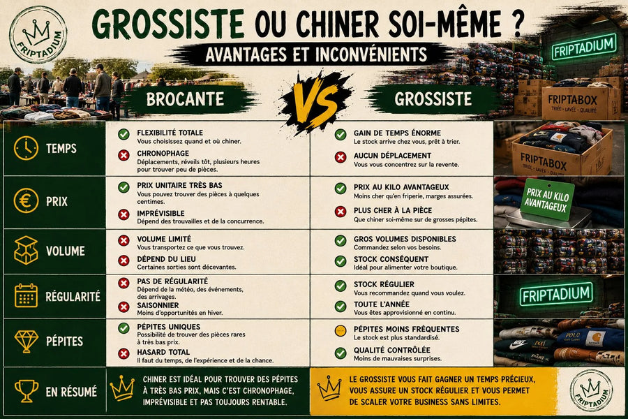 Tableau comparatif grossiste ou chiner soi-même en brocante : temps, prix, volume, régularité et pépites, avantages et inconvénients pour revendre des vêtements