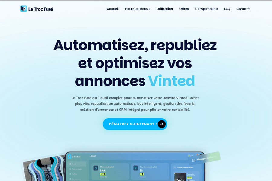 Page d'accueil de Le Troc Futé, outil d'automatisation Vinted