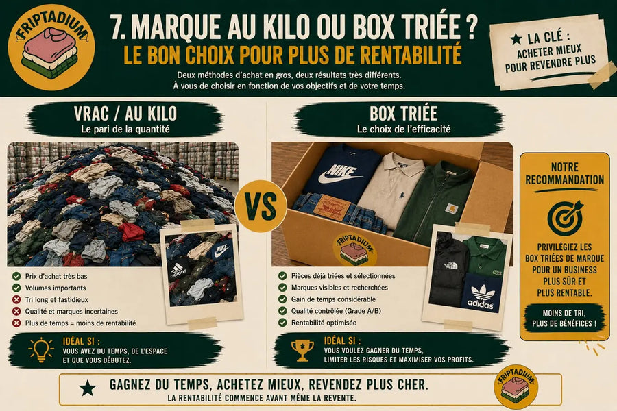 Marque au kilo ou box triée : le vrac au kilo mise sur la quantité à bas prix mais demande du tri, la box triée offre des pièces de marque déjà sélectionnées et prêtes à revendre ; privilégiez la box triée pour un business plus sûr et plus rentable