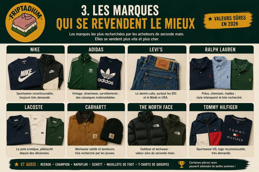 Les marques de seconde main qui se revendent le mieux : Nike, Adidas, Levi's, Ralph Lauren, Lacoste, Carhartt, The North Face et Tommy Hilfiger, ainsi que Reebok, Champion, Napapijri, Schott, maillots de foot et t-shirts de groupes