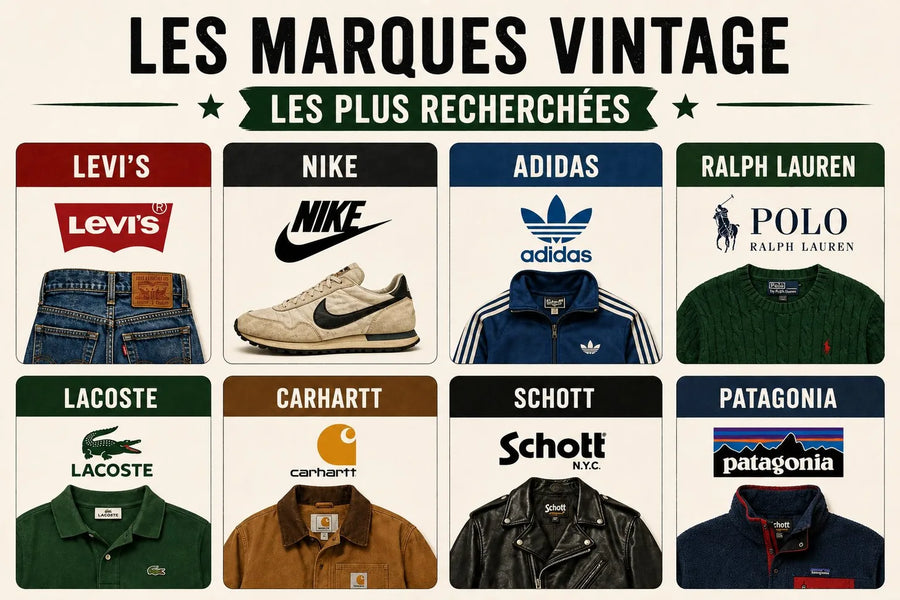 Les marques vintage les plus recherchées : Levi's, Nike, Adidas, Ralph Lauren, Lacoste, Carhartt, Schott et Patagonia