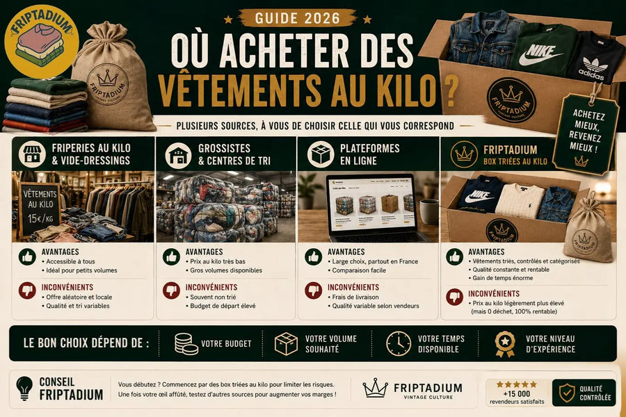 Où acheter des vêtements au kilo : friperies au kilo et vide-dressings, grossistes et centres de tri, plateformes en ligne ou box triées Friptadium, avantages et inconvénients de chaque source