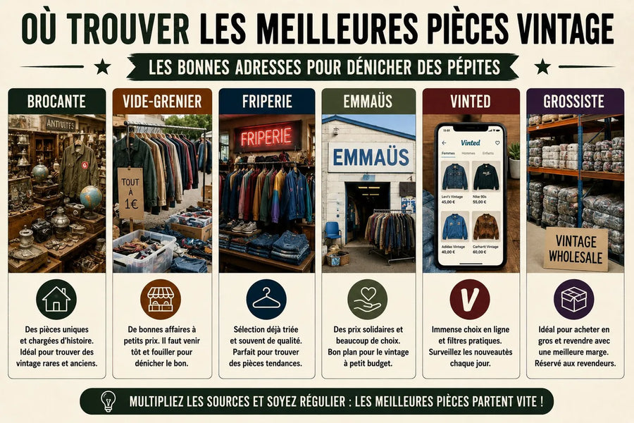 Où trouver les meilleures pièces vintage : brocante, vide-grenier, friperie, Emmaüs, Vinted et grossiste, les bonnes adresses pour dénicher des pépites à la pièce ou acheter en gros pour revendre