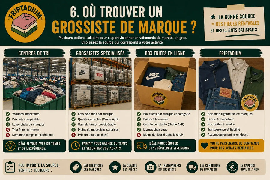 Où trouver un grossiste de vêtements de marque : centres de tri, grossistes spécialisés, box triées en ligne ou Friptadium ; comparez selon votre activité et vérifiez toujours l'authenticité, la qualité et la transparence