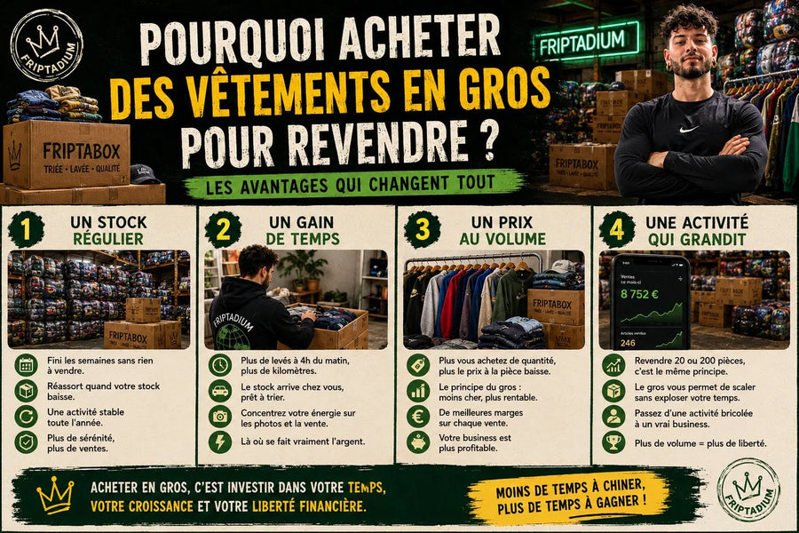 Infographie : pourquoi acheter des vêtements en gros pour revendre, les 4 avantages (stock régulier, gain de temps, prix au volume, activité qui grandit) avec Friptadium