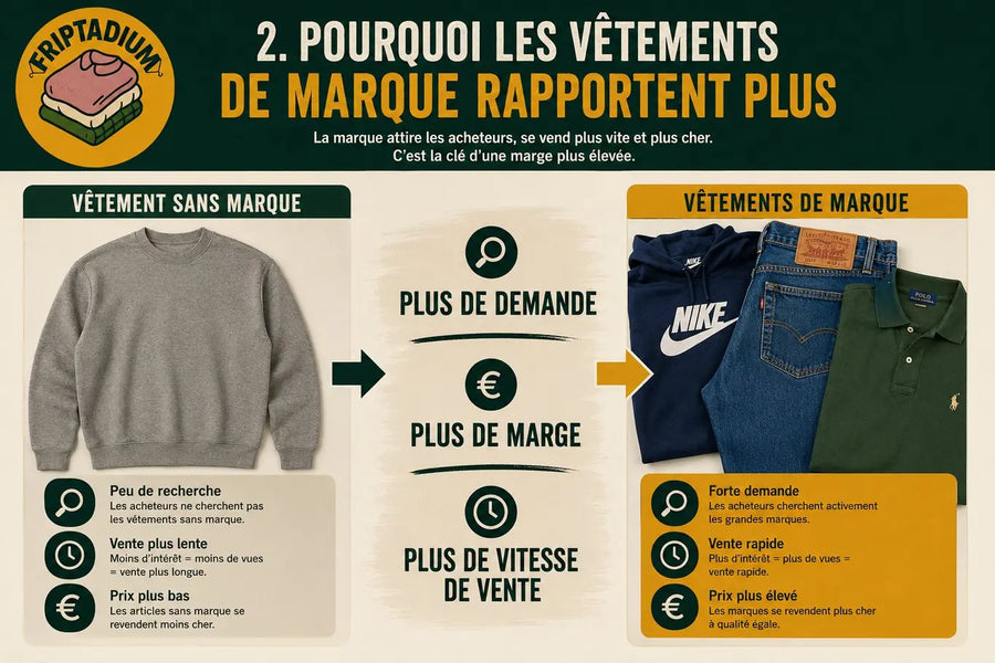 Pourquoi les vêtements de marque rapportent plus que les vêtements sans marque : plus de demande, plus de marge et une vente plus rapide ; les grandes marques (Nike, Levi's, Ralph Lauren) se cherchent et se revendent plus cher à qualité égale